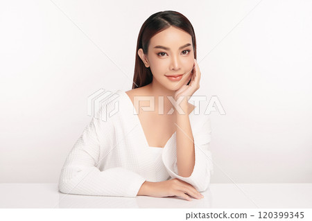 Beautiful young asian woman with clean fresh skin on white background, Face care, Facial treatment, Cosmetology, beauty and spa, Asian women portrait. Beautiful young asian woman with clean fresh skin on white background, Face care, Facial treatment, Cosmetology, beauty and spa, Asian women portrait. 120399345