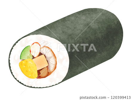Ehomaki with 7 kinds of ingredients (shrimp, eel, cucumber, egg, freeze-dried tofu, shiitake mushroom, kanpyo) Watercolor touch Ehomaki with 7 kinds of ingredients (shrimp, eel, cucumber, egg, freeze-dried tofu, shiitake mushroom, kanpyo) Watercolor touch 120399413