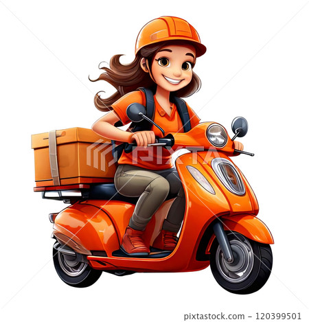 Cheerful Delivery Woman on Orange Scooter Cheerful Delivery Woman on Orange Scooter 120399501