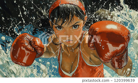 determined female boxer in red gloves and headband throws powerful punch, surrounded by splashes of water, showcasing strength and focus 120399639