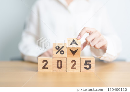 2024 to 2025 New year with percentage change to UP and Down arrow. Interest rate, GDP, stocks market, financial, deflation and Inflation, mortgage, debt, Loan and Economic Recession 120400110