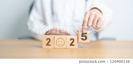Happy New Year 2025 with Smile block against doctor. Health, Healthcare insurance, medical Satisfaction, feedback, Review, mental health, wellbeing, wellness and good year concept 120400136