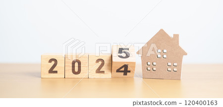 2024 end year to Happy New Year 2025 with house model. real estate, Home loan and mortgage, tax, investment, financial, savings and New Year Resolution concepts 120400163