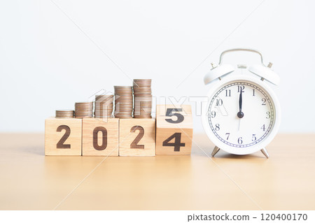 2024 end year to Happy New Year 2025 with clock and coins stack arrangement. Money Saving for Future Plan, Retirement fund, Pension, Investment, Wealth Business, Financial and countdown concepts 2024 end year to Happy New Year 2025 with clock and coins stack arrangement. Money Saving for Future Plan, Retirement fund, Pension, Investment, Wealth Business, Financial and countdown concepts 120400170