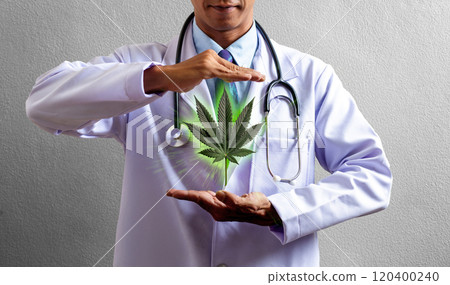 A doctor in a white coat presents a glowing cannabis leaf, symbolizing health, hope, and the benefits of herbal medicine in promoting wellness and natural healing. A doctor in a white coat presents a glowing cannabis leaf, symbolizing health, hope, and the benefits of herbal medicine in promoting wellness and natural healing. 120400240