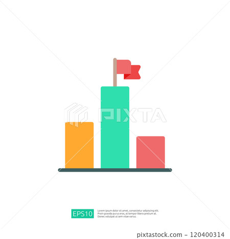 A minimalist graphic depicting three vertical bars in varying heights, with a flag on the tallest bar, representing data visualization or performance metrics. 120400314