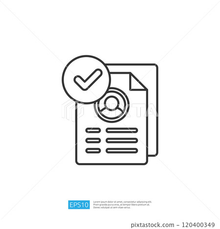 A simple graphic depicting a document with a user profile and a checkmark, symbolizing verification or approval of information. 120400349