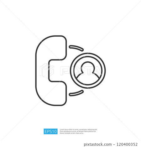 An outline of a telephone handset next to a user profile icon, symbolizing communication and contact. 120400352