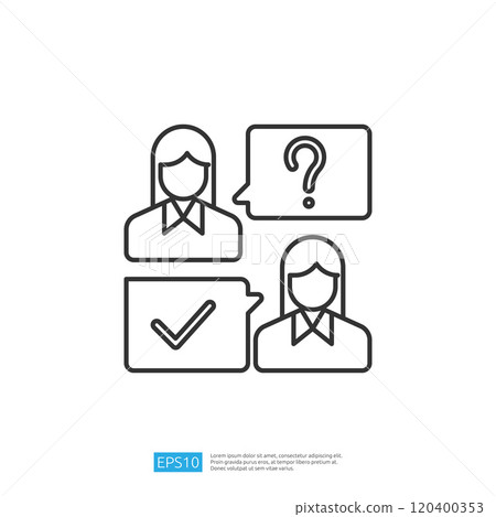 The image features two individuals with speech bubbles, one asking a question and the other providing a confirmation checkmark, symbolizing communication and understanding. 120400353
