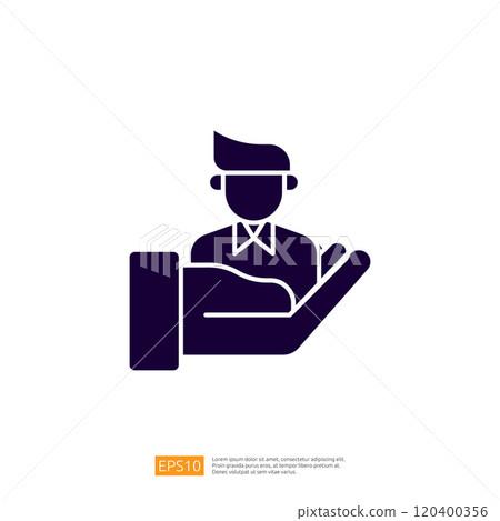 A graphic representation of a hand supporting a person, symbolizing care, support, or mentorship in a professional context. 120400356