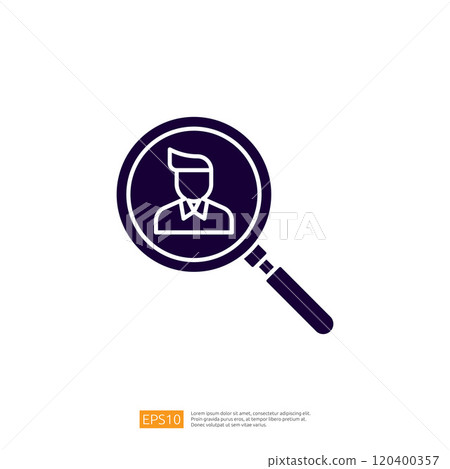 A magnifying glass focusing on a person icon, symbolizing search or investigation related to individuals. 120400357