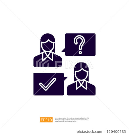 The image features two stylized figures with speech bubbles, one showing a question mark and the other a check mark, representing communication and decision-making. The image features two stylized figures with speech bubbles, one showing a question mark and the other a check mark, representing communication and decision-making. 120400383