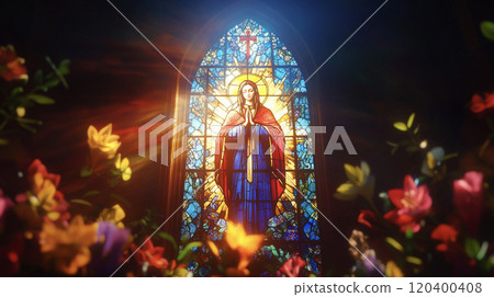 Illuminated stained glass in a cathedral AI image 120400408