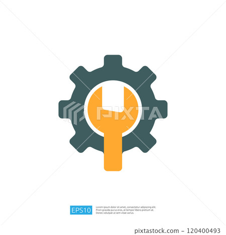 This image features a stylized gear with a wrench, symbolizing tools, mechanics, and engineering. It represents the concept of repair and technical work. This image features a stylized gear with a wrench, symbolizing tools, mechanics, and engineering. It represents the concept of repair and technical work. 120400493