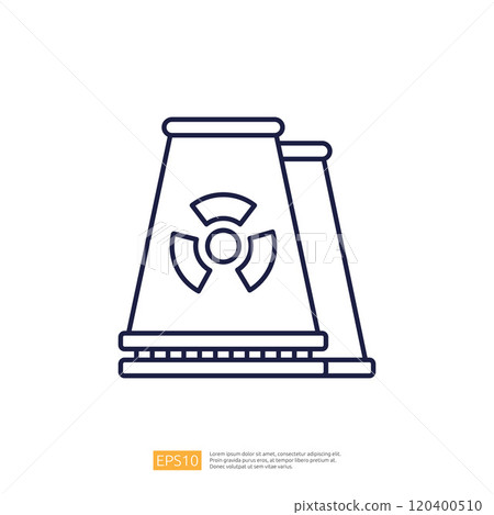 A simple line drawing of a nuclear waste container featuring a radiation symbol, illustrating the concept of nuclear safety and waste management. 120400510