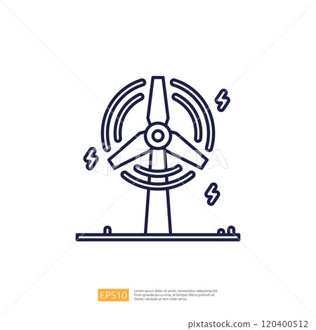 A simple line drawing of a wind turbine with lightning bolts, symbolizing renewable energy and sustainability. 120400512
