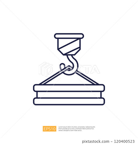 A simple line drawing of a crane hook lifting a weight, representing construction or industrial lifting equipment. 120400523
