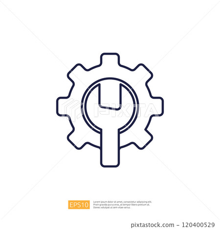 The image features a simple line drawing of a gear with a wrench inside, symbolizing mechanical work or tools. It represents engineering and maintenance. 120400529