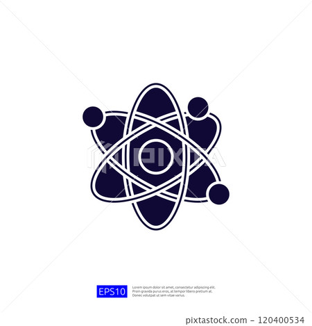 The image depicts a stylized atomic symbol, featuring an atom with orbiting electrons, representing scientific concepts related to physics and chemistry. 120400534