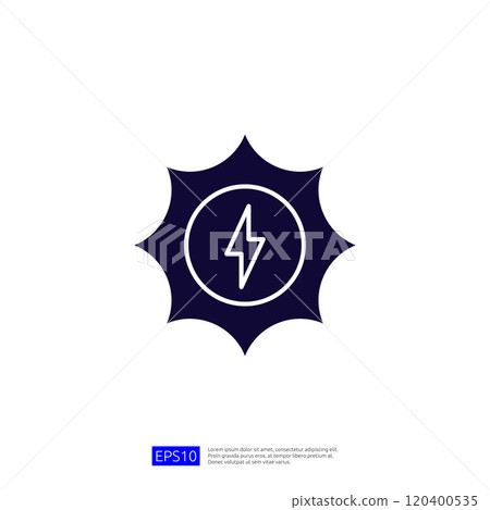 This image features a stylized lightning bolt enclosed within a sunburst shape, symbolizing energy or power. It is likely used in contexts related to electricity or renewable energy. 120400535