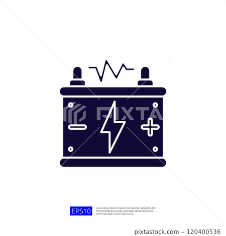 A simple graphic representation of a battery, featuring positive and negative terminals and a lightning bolt symbol, indicating its purpose for storing and providing electrical energy. 120400536