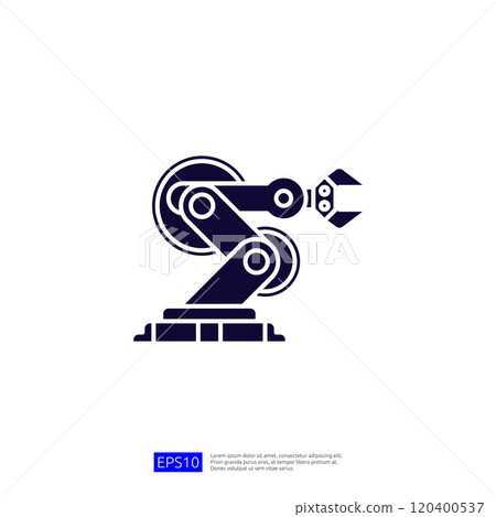 A stylized graphic of an industrial robotic arm, showcasing its mechanical design and functionality, often used in manufacturing and automation processes. 120400537