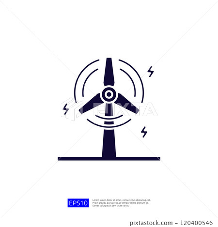 A graphic representation of a wind turbine, illustrating renewable energy generation with rotating blades and electric symbols. A graphic representation of a wind turbine, illustrating renewable energy generation with rotating blades and electric symbols. 120400546