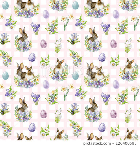Easter mood hand drawn seamless pattern in vintage style with cute bunnies, pastel colored eggs and primrose floral bouquets. Perfect for tender spring decor, gift wrap and holiday designs Easter mood hand drawn seamless pattern in vintage style with cute bunnies, pastel colored eggs and primrose floral bouquets. Perfect for tender spring decor, gift wrap and holiday designs 120400593