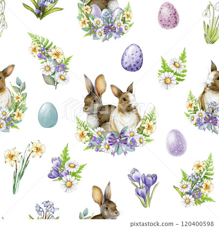 Hand-painted seamless Easter pattern in vintage style with cute bunnies, pastel colored eggs and primrose floral bouquets. Perfect for spring decor, gift wrap and holiday designs. White background 120400598