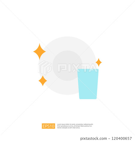 A simple graphic depicting a clean plate and a glass, symbolizing cleanliness and dining. 120400657
