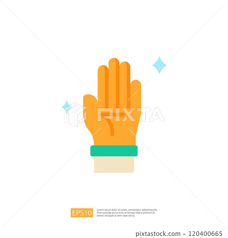 A graphic illustration of an orange glove hand, symbolizing cleanliness or a gesture of greeting, with sparkling accents. A graphic illustration of an orange glove hand, symbolizing cleanliness or a gesture of greeting, with sparkling accents. 120400665