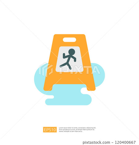 A caution sign indicating a wet floor, featuring a figure slipping, designed to alert individuals to potential hazards. A caution sign indicating a wet floor, featuring a figure slipping, designed to alert individuals to potential hazards. 120400667