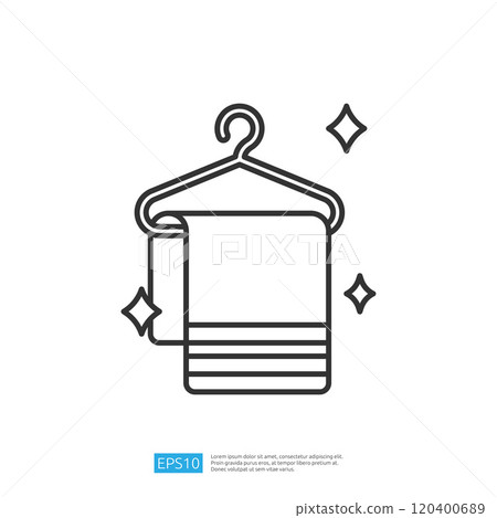 A minimalist line drawing of a towel hanging on a hanger, adorned with sparkling elements, symbolizing cleanliness and freshness. A minimalist line drawing of a towel hanging on a hanger, adorned with sparkling elements, symbolizing cleanliness and freshness. 120400689