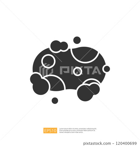 A simple black silhouette representing a cell or microorganism, featuring circular shapes and bubbles, suggesting themes of biology or science. 120400699