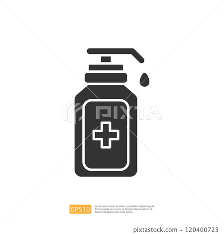 This image depicts a simple, stylized icon of a medical or antiseptic liquid soap dispenser, featuring a pump and a droplet, suggesting cleanliness and hygiene. 120400723