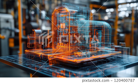 Digital twin concept, real-world objects mirrored as virtual replicas with detailed data. 120400787