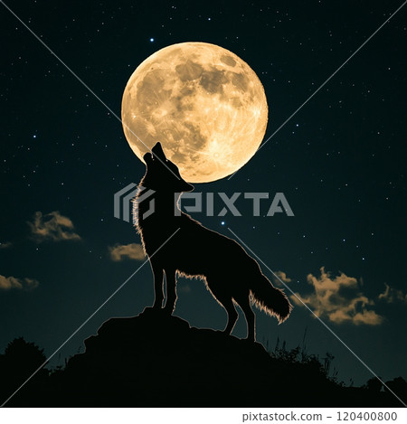 Silhouette of a wolf howling at a full moon, with a starry night sky providing ample space for copy. 120400800