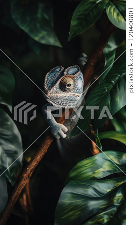 Close-up of a chameleon blending into its surroundings on a branch, with a green leafy background and space for text. 120400801