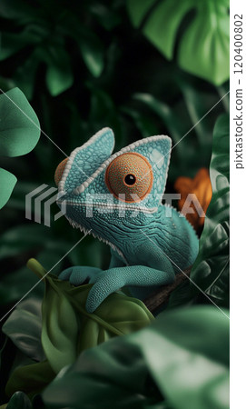 Close-up of a chameleon blending into its surroundings on a branch, with a green leafy background and space for text. Close-up of a chameleon blending into its surroundings on a branch, with a green leafy background and space for text. 120400802