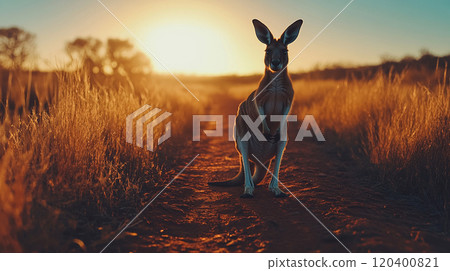 Kangaroo hopping across the Australian outback, dry red earth and a wide horizon line with ample space for copy. 120400821