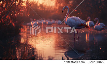 Flamingos standing in a shallow lake during golden hour, soft reflections on the water and plenty of space for copy. Flamingos standing in a shallow lake during golden hour, soft reflections on the water and plenty of space for copy. 120400822