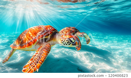 Sea turtles gliding through a crystal-clear ocean, with sunrays piercing the water and a large, open blue background for text. Sea turtles gliding through a crystal-clear ocean, with sunrays piercing the water and a large, open blue background for text. 120400823