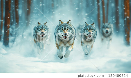 Pack of wolves running through snow-covered forest, dynamic movement with a soft wintery background for copy space. Pack of wolves running through snow-covered forest, dynamic movement with a soft wintery background for copy space. 120400824