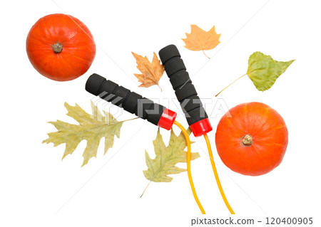 PNG, Autumn sport, skipping rope with leaves, isolated on white background. PNG, Autumn sport, skipping rope with leaves, isolated on white background. 120400905