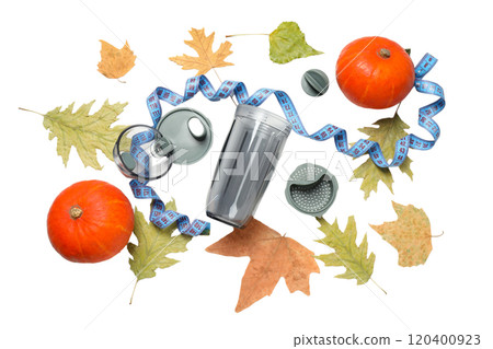 PNG, Autumn smart, sport bottle with leaves isolated on white background. 120400923