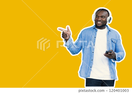 Creative design, cheerful, man in headphones, on a bright background. 120401003
