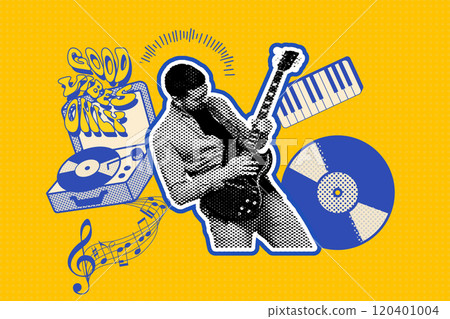Creative design, Man playing the guitar, on a yellow background. 120401004