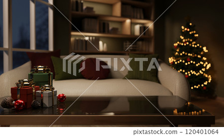 A close-up of elegant Christmas gift boxes placed on a coffee table in a cozy living room at night. 120401064