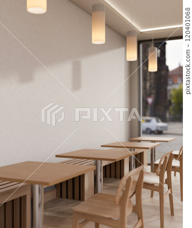 A minimalist and comfortable coffee shop features a row of minimalist wooden table and chair. 120401068
