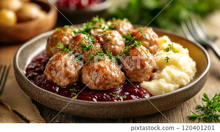 Swedish meatballs with creamy gravy, mashed potatoes, and lingonberry sauce, served on a rustic plate 120401201